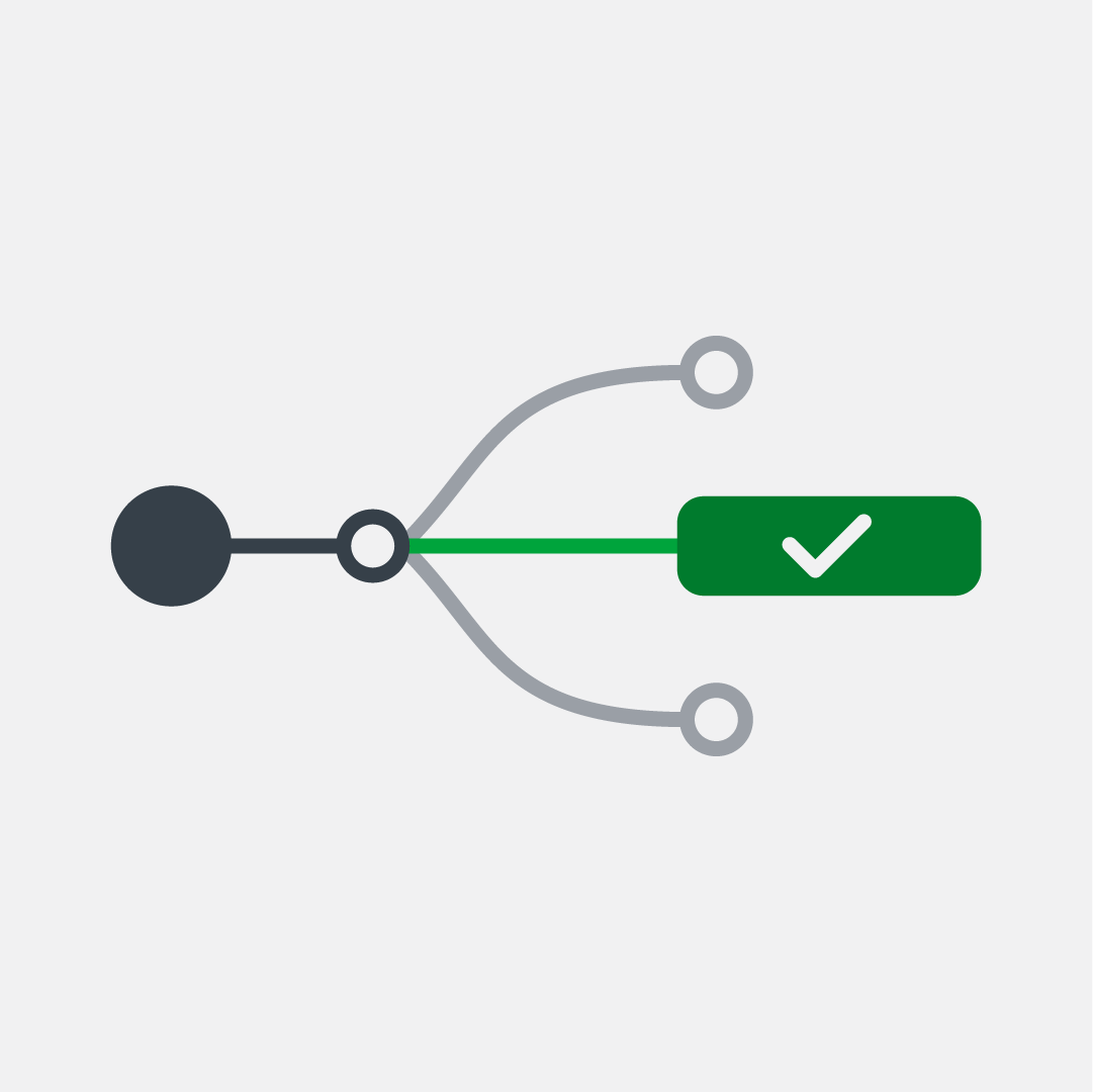 Illustration of one path branching into three options, with the recommended route highlighted in green