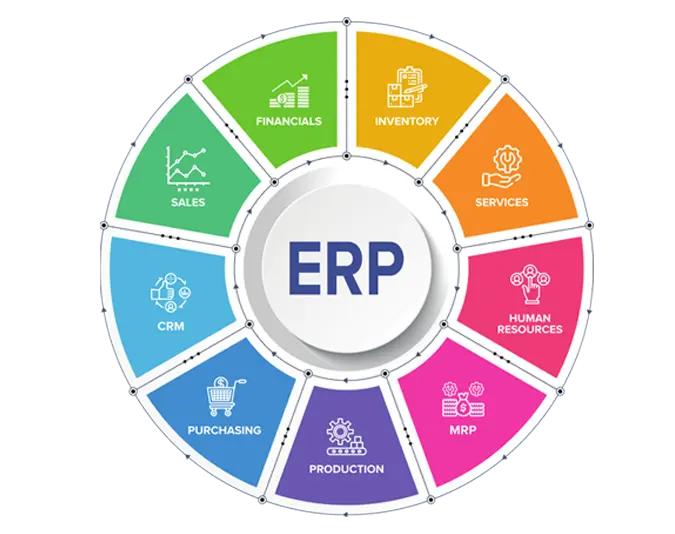 ERP module wheel illustrating Financials, Inventory, Services, HR, MRP, Production, Purchasing, CRM, and Sales
